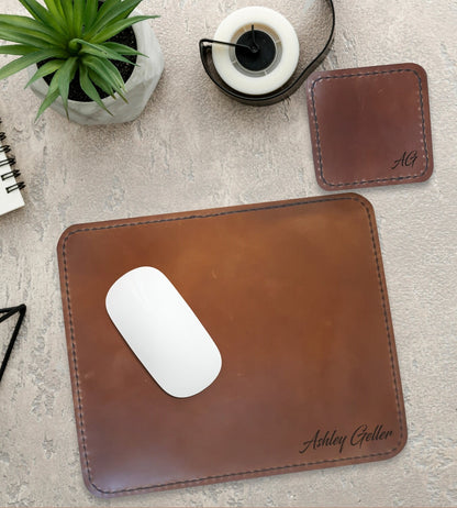 Personalised Genuine Leather Mouse Pad & Coaster Set